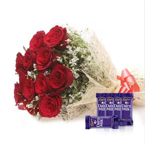 Dozen of Roses - In Jute Wrap with Dairy Milk Chocolates