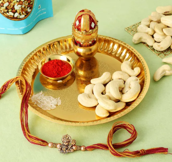 Hanuman Blessings Rakhi with Cashews and Pooja Thali